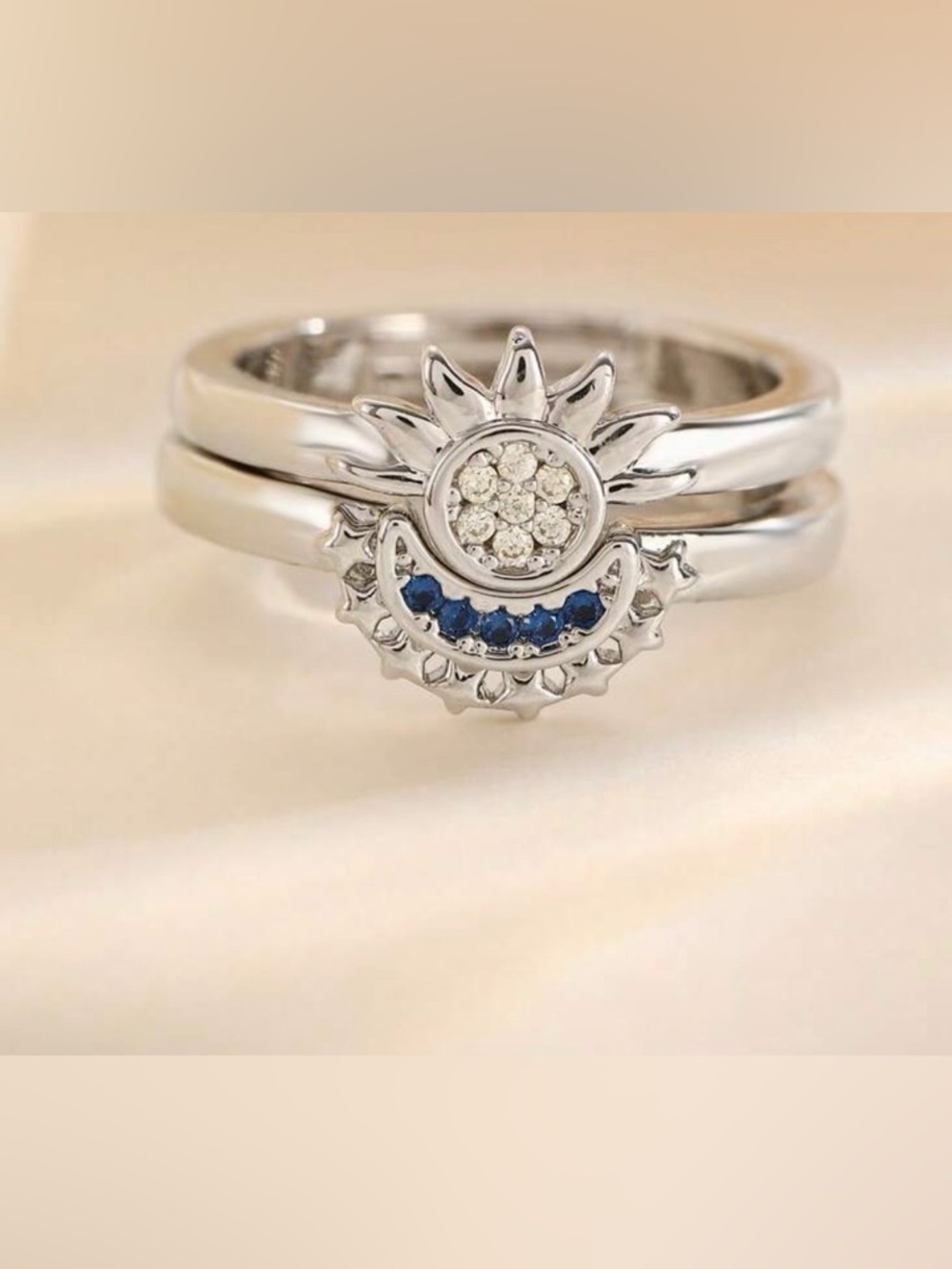 Sterling Silver Sun & Crescent Ring with Blue and Clear Stones Size 7 NWT